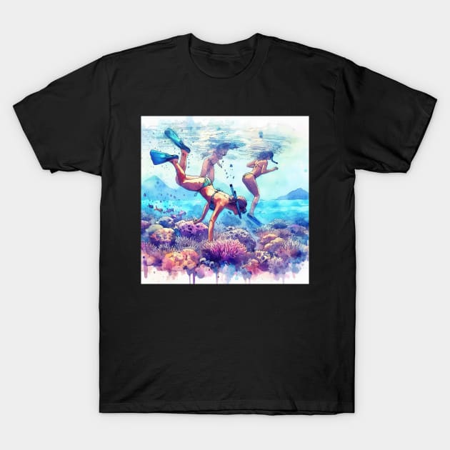 Artistic illustration of a beach scene from underwater T-Shirt by WelshDesigns